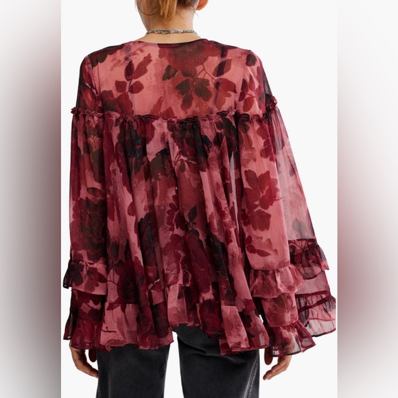 Free People Pink/Reddish Burgundy Day Dreaming Ruffle Trim Top - Picture 2 of 5